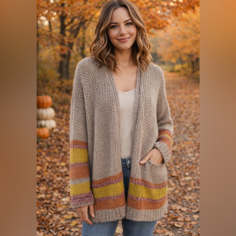 Mystree Cardigan Bohemian Open Front Tan Mustard Orange and Burgandy